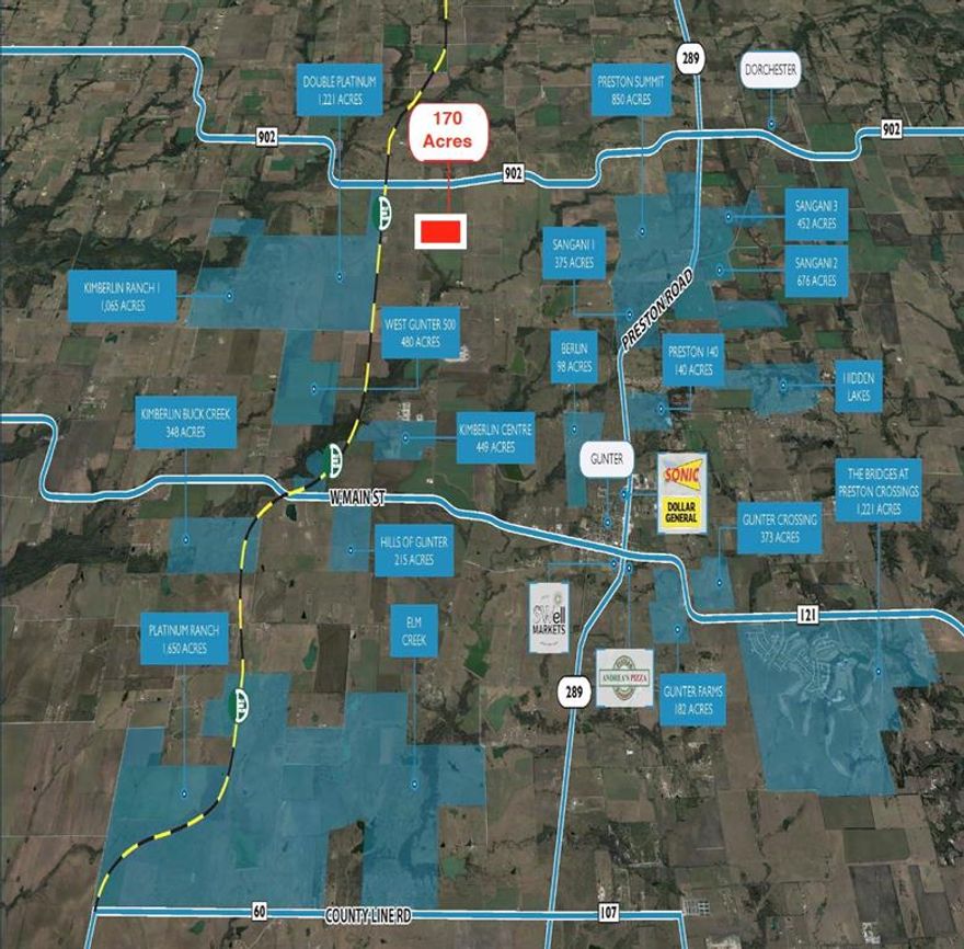 170 acres located just outside the Gunter City Limits and half a mile from the the future DNT expansion. This expansive parcel has no floodplain, no pipelines and over 1,200 SF of road frontage. This site is perfect for a variety of development options, including:

Residential Communities: With the expanding tollway, Gunter is increasingly becoming a desirable location for those seeking a suburban lifestyle with easy access to major urban centers.

Commercial and Mixed-Use Projects: The proximity to the tollway and Gunter’s growing population create significant demand for retail spaces, offices, and mixed-use developments.

Agricultural Uses: The land remains ideal for farming or ranching, offering ample space for livestock or crop production.

As Gunter continues to evolve, this 170-acre property provides an unparalleled opportunity to invest in one of North Texas’ most promising growth corridors. Whether you're a developer seeking a new site or an investor looking for long-term growth, this property is well-positioned to benefit from the region’s expanding infrastructure and rising demand for land.