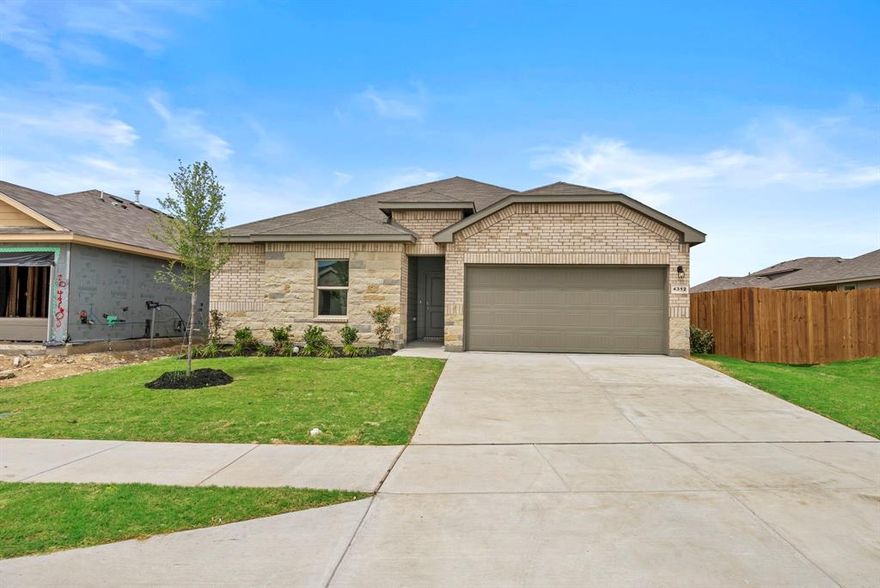 Seller is willing to assist with closing costs or a rate buy-down through preferred lender with an acceptable offer. The Justin floorplan – This beautifully designed single-story home offers a spacious and functional layout ideal for modern living. Featuring 4 bedrooms and 2 bathrooms, this home showcases an open-concept design where the kitchen, dining area, and living room seamlessly connect, creating a comfortable and inviting space for both everyday living and entertaining. The chef-inspired kitchen is equipped with abundant cabinet and counter space, a large center island with seating, granite countertops, stainless steel appliances, gas range, built-in microwave, and a walk-in pantry. The private primary suite is thoughtfully positioned and features a spacious bedroom, an en-suite bath with an oversized 5-foot shower, dual vanities with quartz countertops, and a large walk-in closet. A split-bedroom arrangement provides added privacy, with secondary bedrooms ideal for family, guests, or a home office. The home features tile flooring in entry, hallways, and wet areas, along with smart home technology for added convenience. Step outside to enjoy a covered patio and a fully fenced backyard, perfect for relaxing or entertaining. Additional highlights include a gas tankless water heater, full sod, sprinkler system, and landscaped yard. Located in a desirable community offering pools, playgrounds, and easy access to shopping, dining, and major highways.