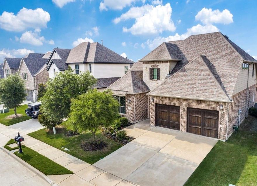 Stunning Drees home in the desirable resort community of Mustang Lakes. Located in the highly sought-after Prosper school district with onsite Elementary. This open concept layout includes numerous upgrades throughout and a study & guest bedroom on first floor. Chefs kitchen offers stunning quartz countertops, a charming farm sink, gas cooktop, & double ovens. Open family room with gorgeous wood beam ceiling & walls of windows overlooking the lovely backyard. Upstairs, you'll find a spacious game room with craft closet or reading nook and two oversized bedrooms with walk in closets. Step into the stately landscaped backyard and discover a delightful oasis complete with lush turf and a putting green, offering endless opportunities for outdoor enjoyment.  You’ll experience a blend of sophistication, comfort, and practicality, making it an ideal place to call home. HOA includes Clubhouse, Fitness Center, Tennis and basket ball courts, Pool, Private Lakes & Trails.