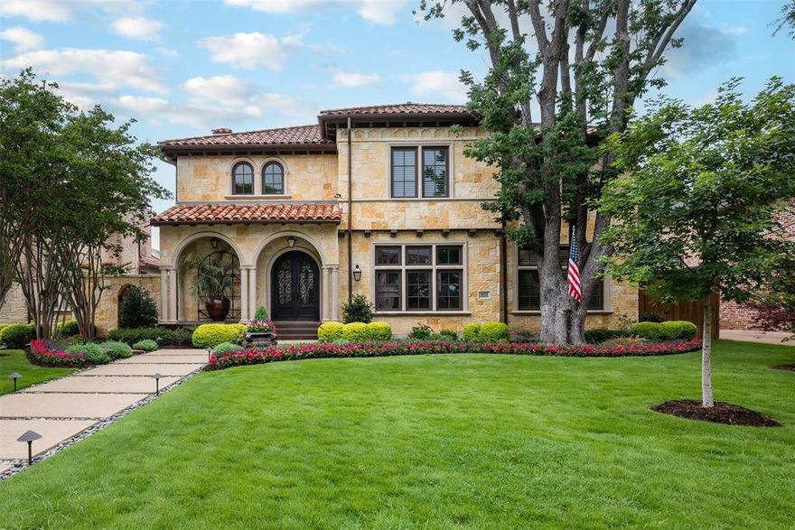 Fresh paint in major areas Nov 1 2023. Stunning Preston Hollow Mediterranean home. Rustic Square stone facade, authentic tile roof.Completed by Buford Builders in 2005 this home offers a host of amenities.Entry foyer offers views of graceful circular stairway.Gourmet kitchen incl twelve foot stone island easily seating 6,opens to keeping room w fireplace creating an expansive space.Spacious great room has Vermont beamed ceiling, fireplace and mahogany built-in storage.Formal dining and paneled study overlook beautifully landscaped yard.The primary suite offers backyard views, built in book case and a luxurious bath with marble topped double sink vanity, jetted tub, walk-in shower and and two walk-in closets with built-in storage. Four additional bedrooms include en suite baths. A “must see” idyllic back yard retreat with covered patio and colonnade offers pool with water chiller, spa ww fountain, fire pit, outdoor kitchen and large grassy area. Many, many amenities and recent updates.