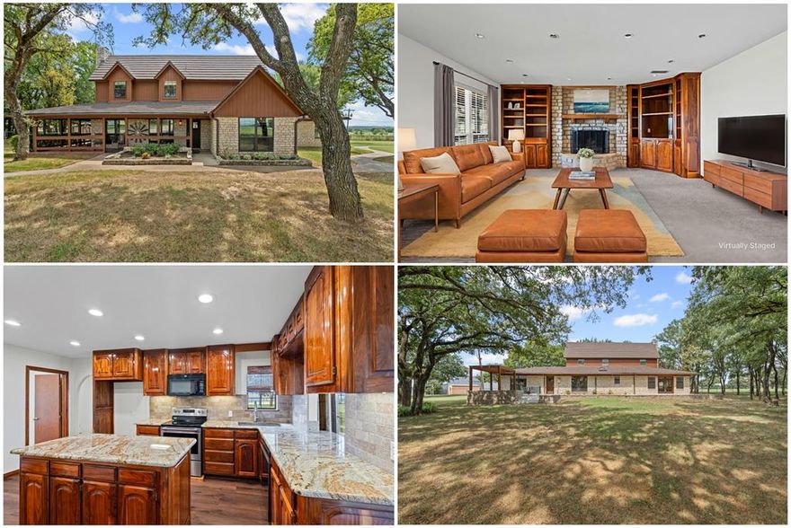 Discover the perfect blend of comfort, space, and tranquility in this beautifully custom-built home nestled among the trees just outside Cleburne's city limits. This thoughtfully designed residence offers four spacious bedrooms and two and a half baths, catering perfectly to your lifestyle needs with a seamless blend of classic charm and contemporary updates. Step into a welcoming interior featuring newer flooring throughout, complemented by the timeless appeal of granite countertops and wooden cabinetry in the kitchen. Ample built-ins and abundant windows enhance the open, airy atmosphere, flooding each room with natural light and showcasing the home's bespoke craftsmanship. The generous bedrooms promise restful retreats, while the two expansive living areas provide ample space for relaxation and entertaining guests. Functionality meets convenience in the large laundry room, which smartly accommodates space for an additional fridge or freezer, catering to both everyday living and special occasions. The exterior of the home is equally impressive, showcasing an aesthetically pleasing stone exterior with a large covered porch. Enjoy peaceful afternoons on the back patio, overlooking a tranquil pond—a perfect setting for unwinding and appreciating nature's beauty. A circle driveway ensures easy access and ample parking, surrounded by pipe fencing. Completing this picture-perfect property is a practical storage building, offering additional space for all your organizational needs. With every detail considered, this home is a delightful retreat that provides comfort, style, and serene living. Home's like this don't come on the market often. Schedule your showing today and you'll be on your way to calling this one HOME SWEET HOME!