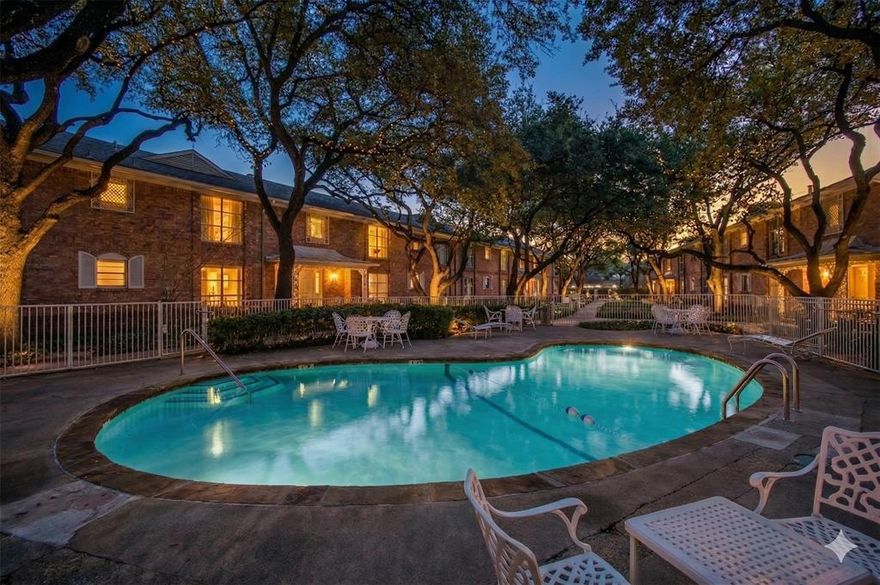 RARE OPPORTUNITY -  to own a sophisticated, first-floor corner unit in the heart of Preston Hollow. This light-filled residence features genuine hardwood floors and floor-to-ceiling windows overlooking lush landscaping and a serene community pool. The chef’s kitchen boasts new stainless steel appliances and ample workspace. Retreat to an oversized primary suite complete with a sitting area, dual walk-in closets, a built-in dressing room, and a renovated spa-like bath with double sinks and an extra-large shower. The spacious second bedroom offers the perfect flex space for a home office or guest room. Experience the ultimate lock-and-leave lifestyle with an HOA that covers electricity, water, trash, exterior insurance, and pool maintenance—providing some of the best value in the neighborhood! Includes two assigned covered carport spaces (#31 & #37) and in-unit laundry with new appliances. Unbeatable walkability directly across from Preston Center’s premier dining, shopping, and grocery stores. Minutes from the Tollway, US-75, and NorthPark Center. Non-smoking building; pet restrictions apply.