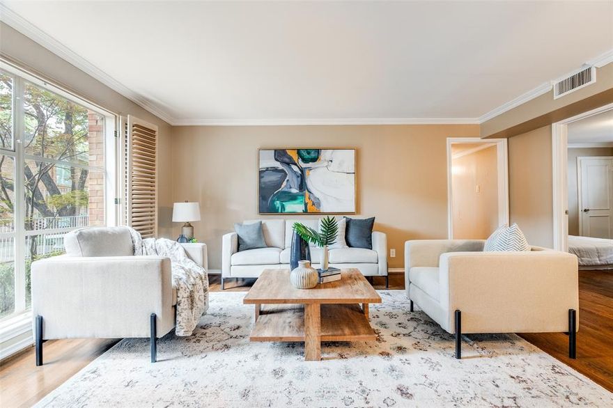 RECENTLY UPDATED - Two bedroom downstairs corner unit in prime Preston Hollow location! Welcome to this beautiful first floor condo overlooking lush landscaping and pool.  Enjoy the ease of lock and leave homeownership with HOA dues that cover electricity, water, trash, exterior building insurance, property management, pool maintenance and exterior upkeep - all included for your convenience.  Some of the lowest HOA dues in the neighborhood with the most benefits!  Parking is simple and convenient with two assigned covered carport spaces (#31 & #37) and extra parking steps from the back door.

This spacious two bedroom two bath corner unit offers an unbeatable combination of comfort luxury, convenience, and location along with a serene view of the community pool right outside your windows.  Step inside to find a large living and dining area with genuine hardwood floors and floor to ceiling windows with abundant natural light. The updated kitchen offers new stainless steel appliances, lots of cabinets for storage and plenty of workspace for hosting and cooking!  The generous primary suite features a sitting area, two walk-in closets, built-in dressing room, and a recently renovated en suite bath with double sinks and an extra large shower.  The second bedroom, can serve as a guest room, home office or flex space and is complimented by a full hallway bath.  The new washer and dryer unit is conveniently located in unit. 
Directly across from Preston Center and all of its fabulous restaurants, grocery store, shopping, medical buildings, along with a DART stop right out the back door!  You are JUST minutes away from Dallas North Tollway, Northwest Highway and US 75, NorthPark Center, and Presbyterian Hospital. Very convenient to downtown, Harwood District, Uptown, Knox Henderson, and Greenville Avenue!
Don’t miss this opportunity to own a home at one of Dallas’s most sought after neighborhoods! 
This is a non-smoking building, number and breed pet restrictions apply.