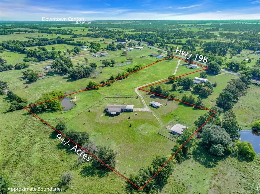 Very secluded home with prime highway frontage, yet close to town and highly ranked Canton ISD! The extremely large home boasts five bedrooms, three bathrooms, two living areas, beautiful custom wood burning fireplace, and an amazing kitchen ready to host family and entertain. This fabulous gated property with cattle guards is currently in ag for hay as well as fenced and crossed fenced, ready for your livestock. There is a stocked spring fed pond with bass, blue gill, and catfish. There are two shops on concrete slab, both with water and electric and one with washer and dryer hookups as well as spray foam insulation. Other than the shops, there are other super useful bonuses to the property which include a storm shelter, well with filtration system, large attached carport, and detached garage or barn and two lean to’s. The property is ideal for small businesses or hobby farms, but is ready for you to make your own vision come to life as it has no restrictions!