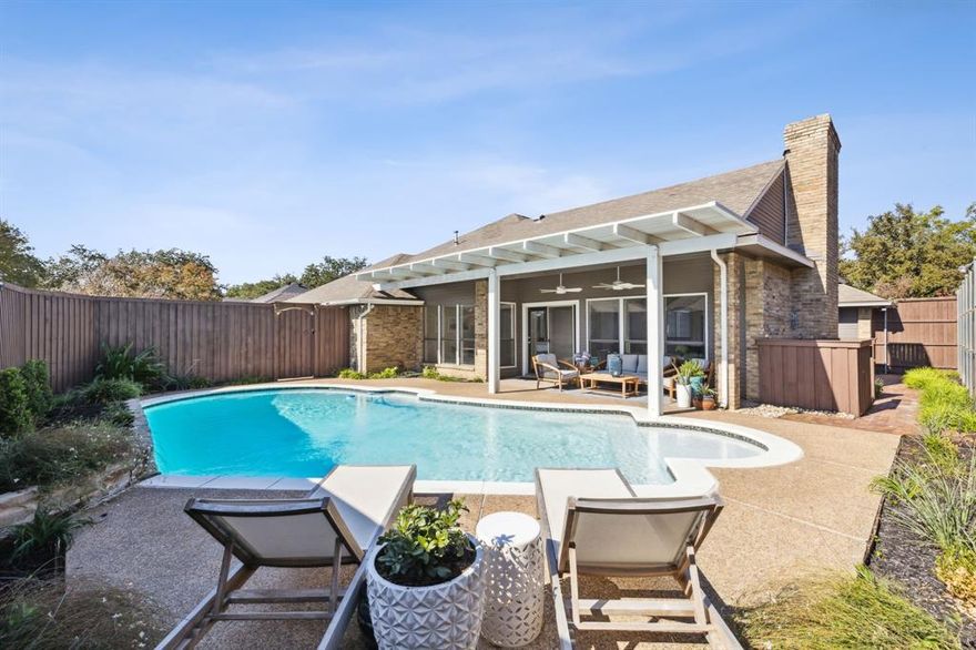 Beautiful home ready for new tenants in the highly desired neighborhood of Prestonwood. Pool care included as well as refrigerator. Four bedrooms, three full bathrooms, two living spaces, dual patios and a large bonus room for whatever you make of it. Currently the bonus room is being used as a game room. The newly remodeled kitchen allows for entertaining and cooking with plenty of space, refrigerator included. The master bedroom is split from the other bedrooms. Chic renovated master bathroom showcases quartz counters, dual vanities, a large garden tub, separate shower and walk in closet. You'll find a ton of natural light throughout the entire home and the perfect backyard with pool, plenty of privacy and covered patio. Walking distance to Prestonwood Elementary and the private school corridor. Quick access to the Dallas North Tollway, George Busy Turnpike, 635 and I-75.