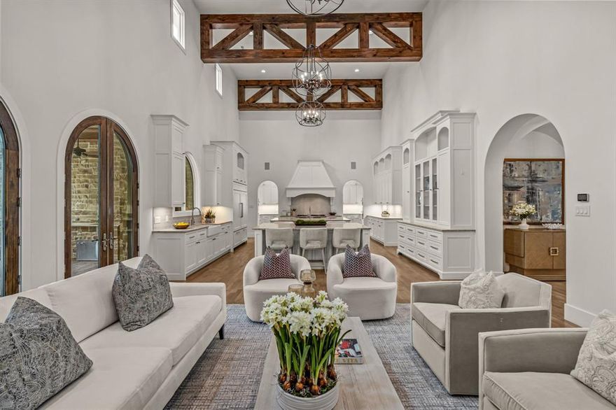 Stunning Custom Home in the Prestigious Guard-Gated Community of Granda Step through a private courtyard and into a beautifully designed residence filled with warmth, elegance, and abundant natural light. The open-concept great room showcases rich wood beams, a double island kitchen with Wolf appliances, a prep kitchen, and seamless flow into the first-floor game room, media room, and bar—an entertainer’s dream with easy access to outdoor living. The spacious first-floor primary suite features warm wood floors, exposed beams, and a spa-inspired bath with a freestanding tub, dual vanities, and an EXPANSIVE  his-and-her closet. A standout feature of this home is the oversized mudroom, thoughtfully designed with extensive cabinetry and a large central island—perfect for storage and organization.Enjoy year-round outdoor living with covered and screened patio areas, a sparkling Watercrest pool and spa and a generous 4-car garage. Zoned to the highly acclaimed Westlake Academy or Carroll ISD.