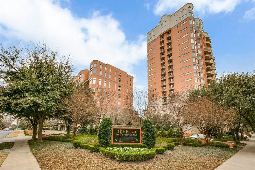 Looking for the perfect lock and leave in a luxury high rise? Look no further! This sophisticated condominium in the popular Plaza at Turtle Creek has recent updates. Gleaming hardwoods throughout the main living areas. Custom closet system in the bedroom. New tile and paint in the baths. Full size stack washer & dryer convey. Granite counters in the kitchen, gas cooktop, Sub-zero Fridge, Bosch Dishwasher. A gas-log fireplace adorns the open Living-Dining area. Enjoy morning coffee or afternoon refreshments on the stylish terrace. The den can provide a great workspace or a place for guests to sleep in the custom Murphy bed. The Plaza offers 24-hour concierge services, Valets from early morning until late night. A resort-style pool, 2 fitness centers, the Conservatory available for private parties, and the Library for meetings and 24-hour coffee service. This home comes with 2 garage parking spaces and a storage unit in the building. Don't miss this opportunity to own in one of the most popular areas of Dallas. Close to the Katy Trail, Uptown, The Arts District, medical centers, restaurants and shopping!