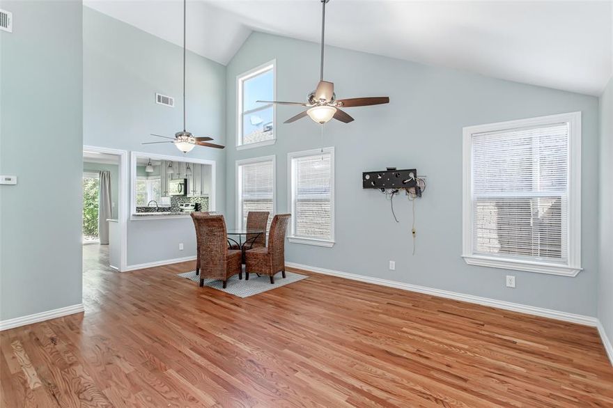 Location!!! This updated single family home is located in a quiet cul-de-sac just off 635 and Midway.  The ceilings are raised in every room and expansive windows create an incredibly bright open concept.  The kitchen includes granite counters, tile backsplash, stainless range, microwave, and dishwasher.  Spacious primary bedroom with large ensuite bath feautring floating glass shower, granite counters and dual vanity  The primary bedroom opens to private courtyard.  This yard is perfect for those who love to be outside but don’t want to spend every weekend mowing!  No carpet in sight, instead there are gorgeous real hardwood floors throughout with tile bathrooms.  HOA provides an amazing pool, tennis courts and lawn maintenance.