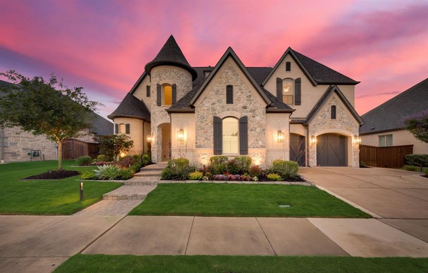 Step into unparalleled luxury with this French-inspired masterpiece in the prestigious Edgestone community! This opulent home showcases 6 lavish bedrooms, each with its own en suite bath, plus an additional half bath, flawlessly combining grandeur & functionality. The exterior boasts striking turrets, exuding timeless elegance. Inside, be captivated by soaring beamed vaulted ceilings in the dining, living, & primary bedroom, enhancing the home's majestic ambiance. The gourmet kitchen features Thermador & Sub-Zero appliances, perfect for culinary enthusiasts. Indulge in the state-of-the-art media room & office, ideal for entertainment & productivity. The pièce de résistance awaits in the breathtaking backyard oasis. Designed for ultimate relaxation, it features 2 grand fireplaces, a shimmering saltwater pool with an enchanting water feature, & a serene spa. The private Casita, hosting the 6th bedroom & bath, offers a secluded retreat. Experience the zenith of luxury living in this home.