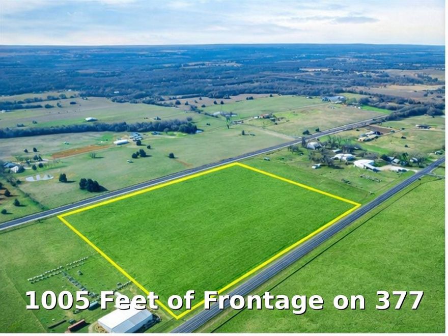 Exceptional 18.5-acre opportunity with premier frontage along Highway 377. 1005 feet of frontage 

This perfectly squared tract is located in the ETJ and offers extensive linear frontage, providing outstanding visibility, access, and flexibility for a wide range of uses. The land features sandy loam soil, is perfectly flat, and requires no ground work, making it ideal for immediate development or agricultural use.



The property has benefited from over 20 years of soil improvements, adding long-term value and usability. Utilities including water, electricity, and fiber-optic internet run directly along Highway 377, significantly reducing development costs and timelines.



Positioned in a high-growth corridor, this is truly prime acreage with a rare combination of soil quality, topography, frontage, and infrastructure—an outstanding opportunity for investors, developers, or end users.