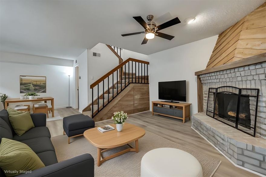 Welcome to Unit# 36B in sought after Preston Oaks! This ground floor condo combines a beautiful, Mediterranean exterior with an nicely updated interior that has been meticulously cared for by the owner who was occupying the home, and what a great location! It is a gated community with 2 community pools to help you beat the Summer heat. The building of this unit is adjacent to one of the pools. The property offers a private, fenced in patio in the front and is accessible from the kitchen as well. There is also a covered, assigned parking spot that it attached to rear of the unit, with access into the home through the utility room. Washer and dryer will convey! You'll have a warm welcoming into this beautiful community upon accessing through the secure gate. Enter the fence gate to the patio and through the front door to find an open floorplan that receives tons of natural light. The floorplan is open concept with a dedicated dining area. Downstairs flooring consists of Luxury Vinyl throughout the the living area and tasteful tile in the kitchen. All stainless steel appliances in the kitchen, and the fridge says! The counters in kitchen and bathrooms have been updated. The brick fireplace is extremely pleasing to the eye with lovely wood accent above the brick. A half bathroom downstairs gives convenience to you and guests. Upstairs you will find two generously sized bedrooms & ensuite bathroom to the primary bedroom. The bathroom also has hall access for the other bedroom. Now let's talk about the location. This property is conveniently located between DNT and Preston. Get quickly onto these roads and to I-635. Hwy-75 is only 10 minutes away and PGBT just over 10 minutes. Fantastic grocery options with Whole Foods, Trader Joe's and Tom Thumb all within 5 minutes. Enjoy a plethora of restaurants and entertainment that North Dallas and nearby Addison have to offer. Galleria Mall is less than 10 minutes for all you shoppers. Come see this one quick, it won't last long!