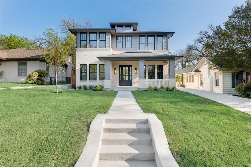 Introducing 6011 Goliad—a stunning new construction Prairie-style home in coveted Lakewood Heights! Thoughtfully designed with 4 bedrooms, 5 bathrooms, and 3,835 sq ft of refined living space, plus a 585 sq ft garage apartment with full bath—ideal for guests, extended family, or potential rental income.The open-concept main floor offers 10’ ceilings, 7.25” European white oak flooring, a ventless gas fireplace, formal dining room, private office, guest suite, and a designer kitchen featuring a 48” Fulgor Milano range, 60” paneled fridge-freezer, pot filler, oversized island, quartzite counters, and a separate prep kitchen with wine fridge. Upstairs, enjoy a spacious primary suite with a freestanding soaking tub, triple shower, smart bidet, and a massive walk-in closet, plus two secondary bedrooms, three full baths, a full laundry room, and a flexible media-bonus-gym space. The oversized 2-car garage includes EV charging, extra storage, and a private guest suite above. Outdoor living is effortless with an expansive covered patio, built-in Napoleon grill, fireplace, and low-maintenance landscaping with Wi-Fi-controlled irrigation. Built with energy efficiency in mind: spray foam insulation, Marvin Low-E windows and doors, Nest thermostats, and LED lighting throughout.Finished with designer lighting and mirrors, frameless shower glass, quartzite and quartz countertops, and brushed gold hardware—every detail has been carefully curated. Additional highlights include smooth Level 4 wall finishes, solid-core 8’ interior doors, white oak railings with black iron spindles, and a mahogany front door. Located near Tietze Park, Lakewood Village, and minutes from White Rock Lake, this custom home blends luxury, functionality, and location into one exceptional East Dallas opportunity.