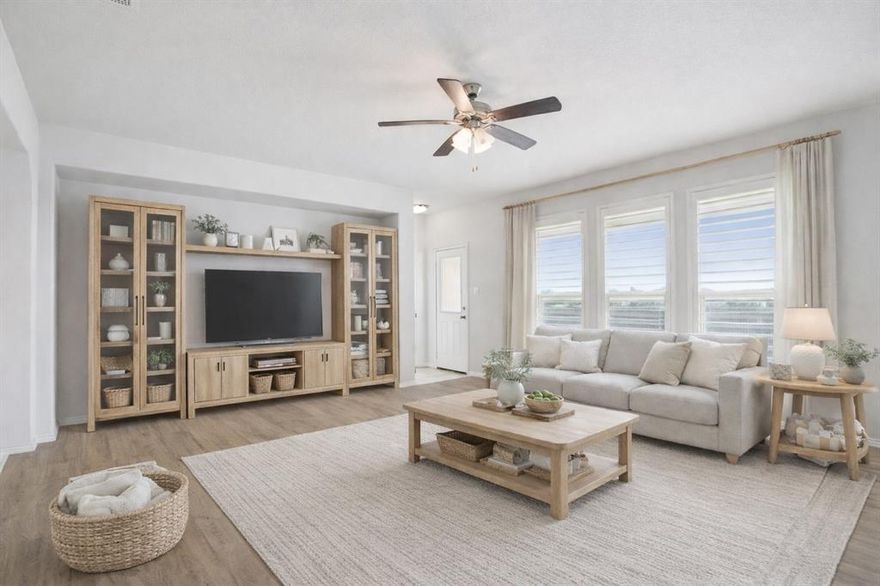 Beautiful 4-bedroom, 2-bath home situated on a premium corner lot in the desirable Revelstoke community of North Fort Worth! Built in 2019, this home offers an open-concept floor plan. The spacious kitchen features a large island, a gas cooktop, granite countertops, stainless steel appliances, and plenty of cabinet storage. The light and bright living room is perfect for entertaining, with views overlooking the peaceful greenbelt and pond behind the home. The primary suite is privately located at the rear of the home and includes dual sinks, a soaking tub, a separate shower, and a generous walk-in closet. Three secondary bedrooms share a full bath near the front of the home, creating a convenient split-bedroom layout. Enjoy outdoor living under the covered patio and take in the tranquil backdrop with no rear neighbors. Conveniently located near Alliance Town Center, major highways, shopping, and dining. Don’t miss this charming home that perfectly combines comfort, style, and location!