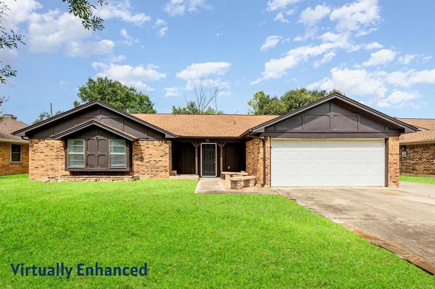 New Price Improvement!  FALL INTO SAVINGS!!! Welcome to this spacious 4-bedroom, 2-bathroom home in Hurst that's ready to make you feel right at home! Step inside and discover an open layout perfect for both everyday living and entertaining guests. The heart of the home features an eat-in kitchen with granite countertops, double ovens, and a handy built-in butler's pantry that'll make meal prep a breeze.
Cozy up by the wood-burning fireplace in the living room, which also boasts an open dry bar with serving window – perfect for those weekend gatherings. The sunny breakfast nook and bright sunroom add extra charm to your daily routine.
The primary bedroom spoils you with double walk-in closets and a jetted tub for ultimate relaxation. Outside, you'll love the flagstone patio for morning coffee or evening barbecues, plus a brick utility shed for extra storage.These photos have virtual staging, the items will not be at the property. The grass may be virtually enhanced.  The garage comes equipped with epoxy flooring and a utility closet for added convenience. With Echo Hills Park just a short walk away, this home perfectly balances comfort and location.