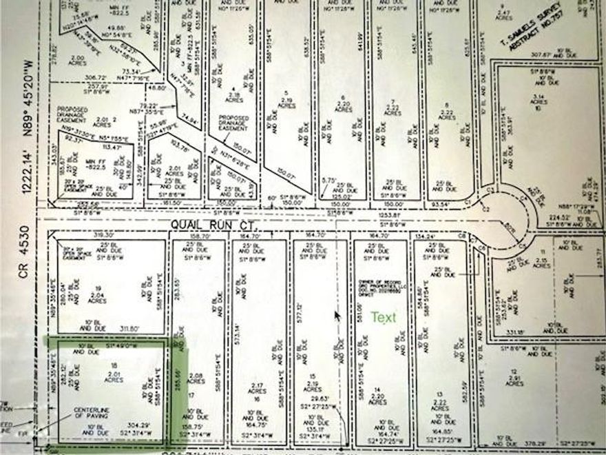 2 acre lot in a new Quail Creek Subdivision with no HOA. Bring your own builder and build your dream home in this beautiful country setting. Well and Septic will be needed. No timeline to build. Barndominiums are allowed with 30% masonry at front elevation. 2000 sqft minimum. No mobile homes or manufactured homes. This lot will have entrance off the county road.