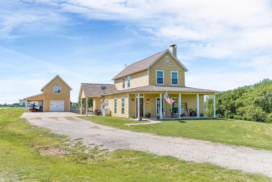 Bring your goats and chickens, no restrictions on 1.46 acres and charming modern two-story farmhouse with four bedrooms and bonus room over garage. The front porch overlooks the property, ideal for evening sunsets or a cozy read. Ramble over to neighbors and visit their livestock. Inside, the family room is highlighted by natural and recessed lighting, carefree sealed concrete flooring and includes a wood burning fireplace for those homey winters. Smartly designed with an open floor plan ideal for family gatherings and a dining room overlooking the acreage. Efficient kitchen workflow is highlighted with granite counters and island for food preparation and conversations that will warm the heart of this home. The laundry room includes built-in cabinets, sink, closet, and a drip-dry area. Primary bedroom is downstairs featuring luxury vinyl plank and an bath with a walk-in shower. The secondary bedroom downstairs is carpeted, with a closet, and can be utilized as a small den. Upstairs, two secondary bedrooms, adjoining full bath. There are two attic access points with floored areas for storage and two AC systems. The garage accommodates parking for two cars or can be utilized as a workshop, with the additional covered parking and an extended driveway. The insulated garage features built-in shelves, a single overhead door, and is set on a concrete pad. It is powered by 110 volts and can be upgraded to 220 volts. Above the garage is a 200 sq. ft. air-conditioned bonus room, finished out, suitable for an office or game room. The spacious backyard includes a deck perfect for summer barbecues. An iron gate and fence separate the back play yard from the acreage, making it an excellent space for pets and small children. Recent updates include new paint, re-freshed front door, water softener, dishwasher, AC 2024, roof 2019. Smart house includes security system, wireless connectivity, smoke and carbon monoxide detectors, recessed LED lighting, and other modern amenities.