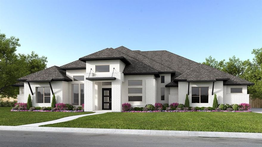 Featured on a one acre homesite. This home plan begins at the covered front porch and entry, where a home office and formal dining room are positioned before the layout opens into the kitchen with an island with built-in seating, a monogram 6-burner gas range, and a butler’s pantry. The floor plan continues through the morning area into the family room with wall of windows and a wood mantel fireplace leading to the covered backyard patio, while the primary suite is privately located at the rear of the home and includes a bathroom with a glass-enclosed shower, a freestanding tub, and two walk-in closets. Three secondary bedrooms are arranged along separate corridors near a centrally located game room and a media room and are served by three full secondary bathrooms and one-half bath. This home plan includes a utility room and mud room off of the three-car garage.