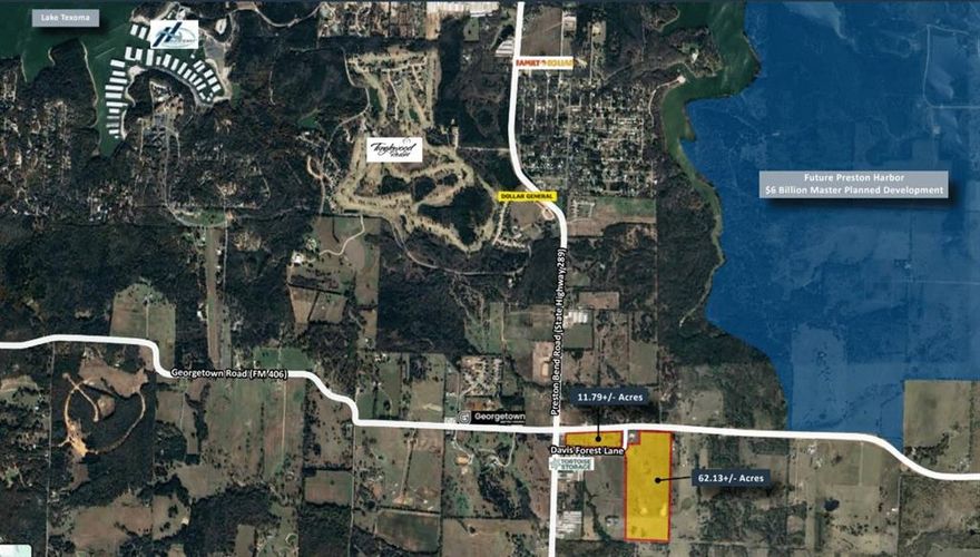 Vanguard Real Estate Advisors (“VREA”) has been exclusively retained by Ownership to offer the opportunity to purchase one or both Sites located at 149 Davis Forrest and 158 Davis Forrest Lane in the Pottsboro ETJ. The Sites are located just 300 feet from State Highway 289 (Preston Bend Road) that provides excellent accessibility from Lake Texoma all the way to the City of Dallas.

The Sites are located just south of the future Preston Harbor development, a $6 billion development which will include single family homes, apartments, a resort hotel, restaurants, and a marina on Lake Texoma. With pricing at only $27,500 per acre (62.13+- acre tract) and $33,500 per acre (11.79+- acre tract), this is an exceptional opportunity to acquire well-located land in a growing North Texas market.