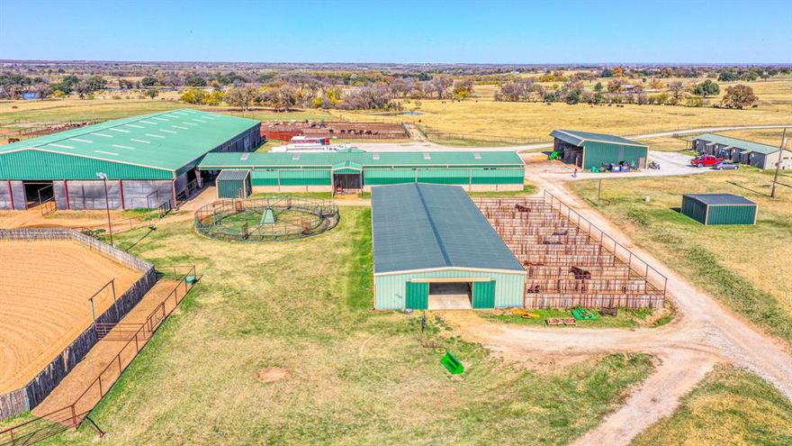 Through the gates at the Wildcat Ranch, awaits endless possibilities for your world class equine or bovine ranching opportunities. 120x250 indoor arena, sits on 123 pristine acres, with views of the Palo Pinto Mountains to the west, and sprawling pastures of coastal grass and large post oak trees. Arena boasts some of the most coveted dimensions in cowboy country, large enough to host a multitude of equine disciplines. 150’ octagon arena, with cattle lanes and traps leading to both arenas. 18 tilt wall stalls in the show barn, plus 20 nice stalls in the working barn. 2 beautiful homes, with updated interior and high end finishes throughout. 5 apartments, workshop, hay barn, you name it, Wildcat Ranch has it!
