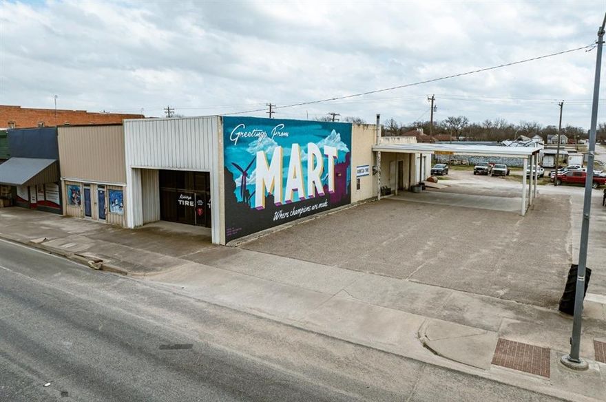 Seize this incredible opportunity to own a fully operational auto shop in the heart of Mart, Texas! Currently operating as Kubitza Tire & Auto, this ± 2,950 SF commercial building sits on a 0.21-acre lot and is primed for continued success.

The property is well-equipped for automotive services, with all equipment available in the sale, making it an ideal investment for an owner-operator or an expansion location. The shop features ample workspace, customer parking, and great visibility along a well-traveled Texas Avenue. Whether you want to continue its current use or customize the space for your business venture, this property offers endless potential.