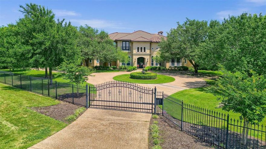 Welcome to your exquisite country estate nestled on 2 acres in the serene pocket neighborhood of Celina. As you enter through the elegant gated entrance, a circular drive and fountain set the tone for this stunning custom home, boasting grandeur and luxury at every turn. This gorgeous home features a grand entrance with soaring ceilings, towering windows, and a curved staircase that offers spectacular views of the park-like yard, pool, outdoor living area, and neighboring ponds. Throughout the home, you'll find extensive crown molding, beautiful travertine floors, and luxury amenities such as heated master bathroom floors, a climate-controlled wine room, and solid wood doors, cabinetry, window seats, and bookshelves. The main floor offers a first-floor master suite and an amazing executive office. The second floor boasts a game room with a balcony, a media room with a projector, and built-in double desk area, and built-in bookshelves.  3 Car Garage. Zoned for MARTIN ELEMENTARY.