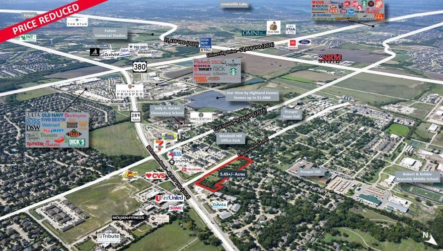 PRICE REDUCED. Vanguard Real Estate Advisors (“VREA”) is pleased to present investors and developers the opportunity to acquire 5.45 acres located along East Broadway Street in the rapidly growing City of Prosper, TX (the “Site”). The Site is positioned along East Broadway Street, and approximately 200 feet west of Preston Road, one of the towns major thoroughfares and commercial corridors. Through PD-118, the Site is zoned for both office and retail uses. Easy access to US-380 and the Dallas North Tollway further enhances regional connectivity, making the Site well-suited for a wide range of commercial uses. The asking price for the entire Site was just reduced from $22 per square foot down to an attractive price of $19.50 per square foot. The price is $25 per square foot if a purchaser would like to buy a 1-2 acre pad site out of the overall offering.