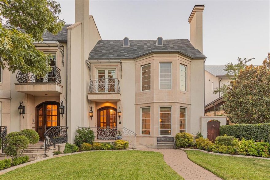 Rare, Refined & Really Fun 3 Bed, 3.1 Bath, 4,264 Sq Ft Pier & Beam University Park SFA on 36'x169' Lot with 50 Year Simulated Slate Roof (Allows Insurance Deduction), Hardwoods Both Levels, Natural Stones, 4 Fireplaces, Tankless Water Heater,   Custom Cabinetry, Solid Doors, Heavy Custom Wrought Iron, 2 Sets of Stairs (Elevator Possible), Lush Landscape, Large Stone Patio with Fireplace, Side & Turf Area, Pavestone Circular Drive, 2 Car Garage with Custom Storage, Carriage Doors (EV Ready) within Short Walk to Preston Center, Hyer & Parks.  Light Open Floorplan Designed for Entertainment, 28'x15' Primary with Solid Beam Cathedral Ceiling, Fireplace & Balcony, Previously 4 Bd. All information to be verified by buyer & buyer agent.