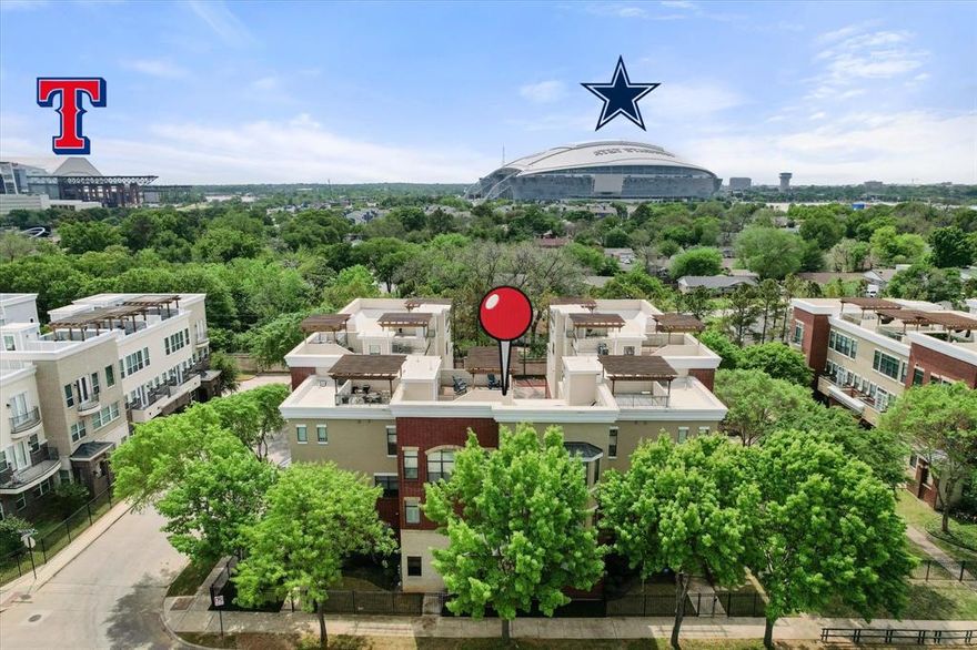 Experience elevated living in the center of it all in this beautifully updated condo nestled within a small gated community in Arlington’s premier Entertainment District. Just an 11-minute walk to AT&T Stadium and minutes from Texas Live!, Choctaw Stadium, Globe Life Field, Loews Arlington Hotel, and Six Flags, this 3-bedroom, 2.5-bath home offers the perfect blend of style, comfort, and convenience. The three-level layout features a 2-car tandem garage on the first floor, while the second floor offers the main living area with an updated kitchen, dining, living, full laundry room, and private primary suite. Upstairs, two secondary bedrooms share an oversized Jack and Jill bath. A circular stairwell leads to the private rooftop terrace with amazing views, creating the perfect place to relax or entertain. Recent updates include a remodeled kitchen and primary suite, new HVAC, flooring throughout, updated lighting, fresh paint, renovated rooftop deck, updated guest bath shower, and new exterior shutters. With high-end finishes and a prime location near Arlington’s top dining, sports, and entertainment venues, this property is ideal for a full-time residence, lock-and-leave lifestyle, or investment opportunity.