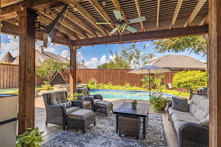 Step through the stone-accented entry and into a home designed for connection, comfort, and memorable moments. Natural light pours across open living areas where conversations flow easily from the warmth of the fireplace to the inviting kitchen island. With double ovens, a gas cooktop, and generous counter space, the kitchen becomes the heart of daily life — equally ready for a quick breakfast or a holiday feast. Upstairs, a spacious game room offers room for play and laughter, while a quiet study downstairs provides a corner for focus when needed. Outdoors, the story continues. A sparkling pool glistens under the Texas sun, framed by a thoughtfully designed patio area perfect for summer afternoons, evening gatherings, or peaceful moments of retreat. Landscaped surroundings and a sense of privacy create a backyard escape that feels worlds away while remaining right at home. Set within the welcoming Sachse Farms community and close to Wylie schools, this residence balances everyday convenience with spaces that encourage connection. It’s more than a house — it’s a setting ready for new chapters, celebrations, and quiet evenings alike.