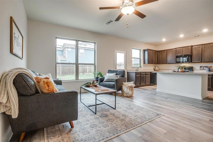 Two story home in newly established neighborhood! Open floor plan on lower floor with half bath for guests. Kitchen boasts granite countertops, large island with eat in seating and brand name appliances. Large master bedroom and bathroom upstairs with walk in closet. Two additional guest bedrooms on opposite sides of the hallway with additional full bathroom. Roomy backyard with room to entertain and play!