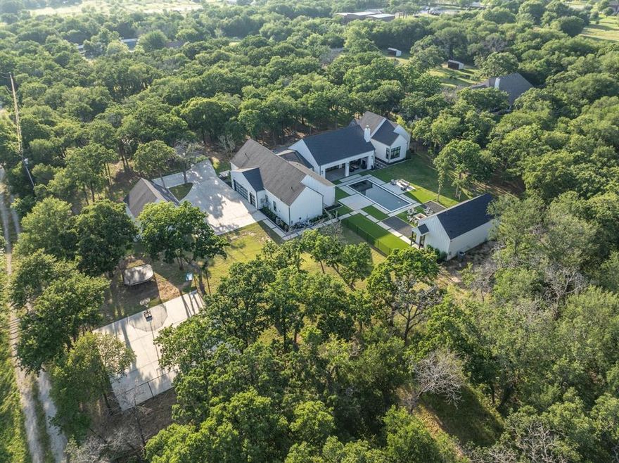 Welcome to this breathtaking one-story estate sprawled over 9+ acres of gated, ag-exempt, and wooded grounds. This residence epitomizes modern elegance combined with natural tranquility. The spacious interior features four lavish bedrooms and six full bathrooms designed with sophisticated touches and top-tier finishes. Culinary enthusiasts will delight in the dream kitchen, showcasing a large island and the finest appliances set against luxurious finishes. The expansive primary suite offers a serene escape, featuring a spa ensuite with a dual shower, a standing tub, and rich wood accents. Step outside and unwind in your private resort, which has a sparkling pool and spa, a basketball court, a firepit in the outdoor living center, and is equipped with a built-in kitchen. Accompany guests in style with a well-appointed guest home, complete with a full bath, kitchenette, and multiple sleeping arrangements. Seamless sophistication with natural serenity welcomes you home!