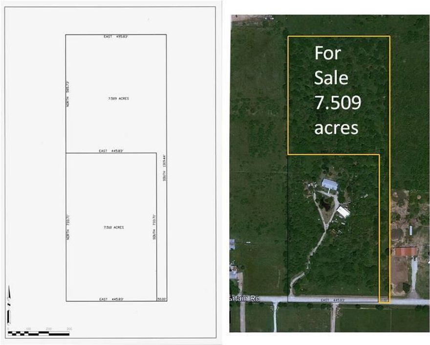 Desirable and convenient 7.5 acres away from the road and outside city limits!  Other owners up and down Sartain road use the area for dwellings, horses, cows, recreation, various businesses.  This would be a good spot for building a home and several outbuildings.  If you want to feel like you are in the country while still having 5 minute access to town, this is perfect!