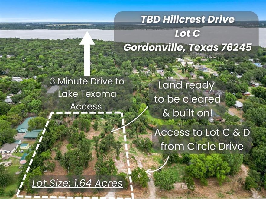 1.64-Acre Lot Near Lake Texoma – No HOA & Ready to Build! Discover the perfect blend of open space and natural beauty on this 1.64-acre lot, just 0.8 miles from Lake Texoma. With cleared land ready for your dream home and a backdrop of mature trees for added privacy, this property offers the ideal balance of convenience and seclusion. Situated outside city limits with no HOA, you’ll enjoy unmatched flexibility to build the home or retreat you’ve always wanted. Utilities are available, with water and electricity ready for easy connection. The only restriction is a 5-foot setback for utilities, giving you maximum freedom in designing your space. Whether you're looking for a primary residence, a weekend getaway, or an investment opportunity, this sought-after location near one of Texas’ premier lakes makes it a rare find. You can have this 1 lot or all 3 (Please see TBD George A. Green Dr MLS#  20986872 and 1221 Hillcrest Cir MLS# 20984486 for reference) and have nearly 5acres of land all to your own!!