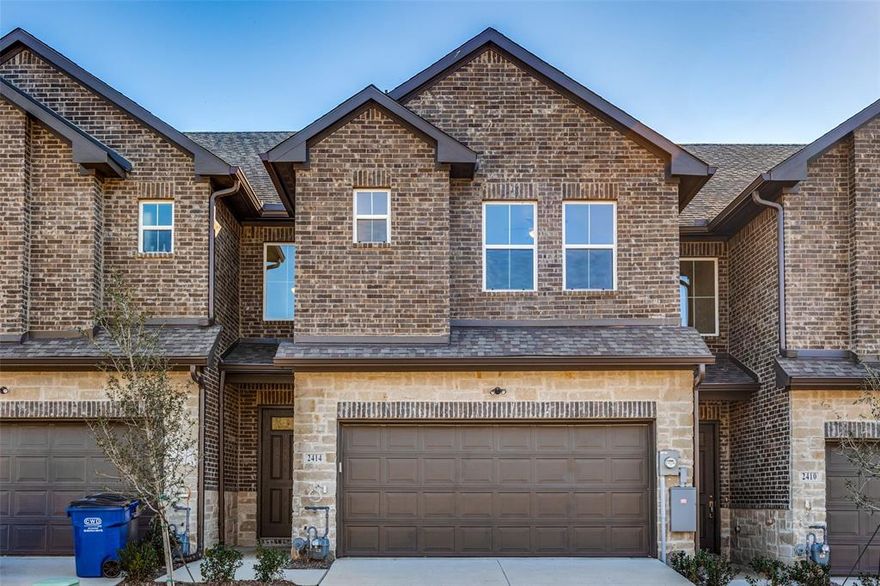 Visit 2414 Bent Oak Trl, Sachse to view move-in ready home.

New townhome is now ready! Walk into an open & flowing spacious floorplan that easily moves between the large living, dining, & kitchen areas. There is also access to a private garden backyard. The kitchen with breakfast bar, SS appliances, gas stove, walk-in pantry, granite counters, & ample storage, has direct views of living & dining spaces making communication or entertaining a breeze. Notice all the natural light! While the first floor with LVP throughout has your main living space & a half-bath for guests, upstairs you will find all three carpeted bedrooms, two full-size baths with tile, & an office, study or game area. A great feature of this home is the low maintenance with the HOA caring for front yard & common areas. Great parking with your own direct access attached private two-car garage & good-sized driveway for visitors. Located close to local elementary, & near Firewheel Town Center as well as easy access to 190!