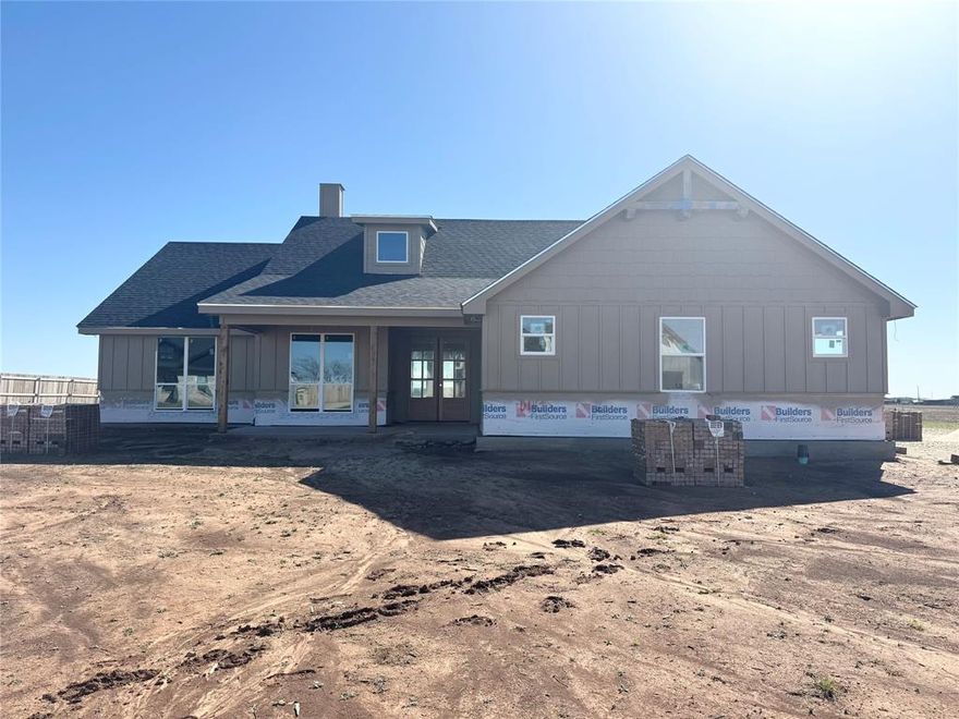 Beautiful new construction by Rafter S Homes.  Step into modern comfort and style with this stunning new construction home, thoughtfully designed for todays lifestyle.  Featuring 4 spacious bedrooms 2 full baths, this home offers the perfect blend of functionality and elegance.  Open concept floor plan with abundant natural light, high ceilings and quality finishes throughout.  The  kitchen boasts sleek countertops, custom cabinetry and a large island that opens into the living and dining areas. The private primary suite includes a generous walk in closet, separate vanities, soaking tub and a walk in shower.  Dedicated laundry room, fireplace, ample storage and a covered patio perfect for relaxing evenings.  Located in a growing Texas community with convenient access to schools, shopping and major roadways, this home delivers comfort and convenience. Jim Ned Schools. No city taxes.  Lot size is just over half acre.