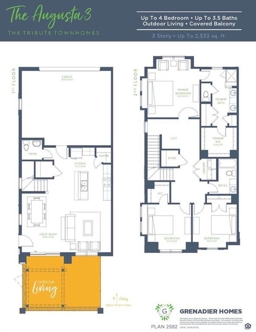 MLS# 21236694 - Built by Grenadier Investments - Ready Now! ~ **Smart Moving, Better Living Better living starts now — take advantage of Improved Pricing plus Up to $30K Incentive on all Move-In Ready Homes.**  Discover elevated living in The Augusta, a beautifully crafted two-story home offering 3 bedrooms, 2.5 baths, and 1,960 square feet of refined comfort. This desirable end unit combines privacy with an abundance of natural light, creating a bright and sophisticated living environment. The main level showcases an expansive open-concept design, where the kitchen, dining, and living areas flow effortlessly-perfect for both upscale entertaining and everyday living. Thoughtful finishes and a spacious layout create a seamless blend of style and functionality. Upstairs, all bedrooms are thoughtfully positioned for maximum privacy. The luxurious primary suite serves as a serene retreat, while two additional bedrooms and a versatile loft area provide flexible space for a home office, media room, or additional lounge. Additional highlights include a convenient half bath downstairs, a 2-car garage, and carefully designed spaces that enhance both comfort and elegance. Located within the prestigious Tribute community, residents enjoy a resort-style lifestyle with scenic surroundings, premier amenities, golf courses, and access to top-rated schools-all just minutes from dining, shopping, and major thoroughfares.