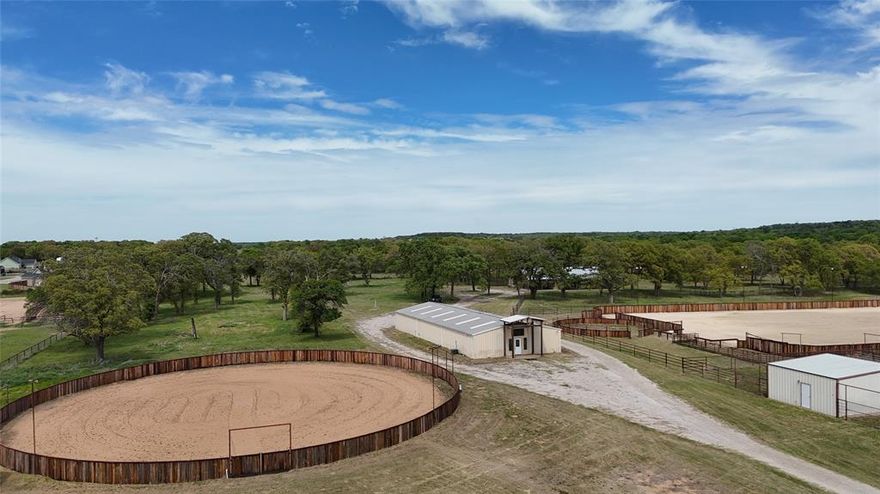 Turn-key 31+ acre horse property built for the performance horse buyer. This ready-to-use setup offers multiple living spaces, quality horse improvements, and room to expand.

The 2022-built ranch-style main home features large porches and refined finishes. A 2 bed, 1 bath guest apartment with large garage space and an additional 1 bed, 1 bath barn apartment provide flexibility for family, hired help, trainers, or rental income.

Horse improvements include a 150 x 320 lighted creosote roping arena, matching warm-up round pen, 120-foot creosote cutting round pen, and a main barn with 6 stalls, 3 runs, tack room, feed room, and heated wash rack. The property also offers 7 large cross-fenced turnouts with loafing sheds, 2 of which are heated, and all have electricity. Two coastal pastures with a pond add to the functionality.

Additional improvements include a separate office behind the barn, 4 RV plugs, 2 water wells, and an utilities in place for an additional dwelling.

Well-equipped and ready to use, this is a strong setup for training, operating, or enjoying horses in the Horse Capital of the World.