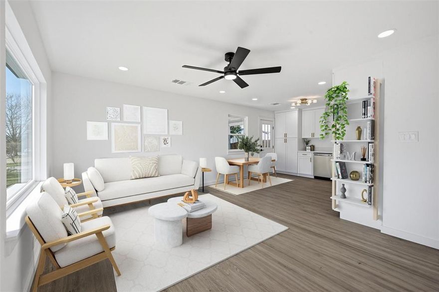 This beautifully remodeled 3-bedroom, 1-bath home truly lives like new, offering approximately $75,000 in upgrades and updates and a rare turn-key, worry-free opportunity. Thoughtfully redesigned from top to bottom, the flexible layout includes a front bedroom ideal for a home office, nursery, or workout space. A grand entry with new railings, a modern cedar front door, and a custom cedar surround entry sets the tone. Inside, a bright open floor plan is filled with natural light from brand-new Low-E windows, including oversized picture windows in the living room and primary bedroom. The stunning kitchen features floor-to-ceiling cabinetry, quartz countertops with gold and silver veining, a white tile backsplash, soft-close cabinets, a white ceramic sink, a gold extendable faucet, and brand-new stainless steel appliances, including a gas range, microwave, dishwasher, and refrigerator. A stackable washer and dryer are included. Light oak-tone luxury vinyl plank flooring flows throughout, complemented by recessed dimmable lighting, new ceiling fans with remotes, fresh paint, new baseboards, and all-new interior doors. The remodeled bathroom offers a modern tile shower surround and marble tile flooring. Major system upgrades provide peace of mind, including a brand-new HVAC system, a new electrical panel, a water heater under two years old, a replaced gas line, approximately 95% of sewer lines updated to PVC, and a roof just three years old—allowing buyers to move in with confidence. Outside, enjoy fresh exterior paint, modern trim, newly landscaped beds with timed irrigation, a large, newly fenced backyard, and a storage shed (clean!). This sizeable backyard is ideal for entertaining or future outdoor living. Let your imagination run wild with the possibilities! Centrally located in DFW and within walking distance to the new Bellaire Elementary School, this move-in-ready home is a rare find in an established neighborhood.