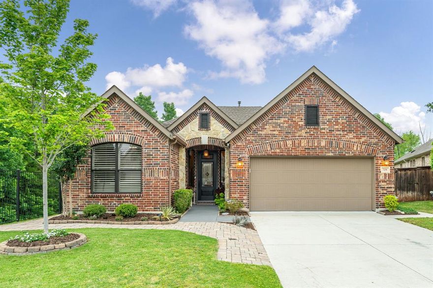 Nestled at the end of a tranquil cul-de-sac, this stunning home enjoys a serene setting that sides an open green space & backs to a lush, mature tree-lined greenbelt. Thoughtful landscaping enhances the property’s curb appeal & creates an inviting outdoor retreat. From the charming 11' x 11' screened-in patio with ceiling fan to the spacious open concrete patio, there’s abundant room for relaxing & entertaining outdoors. A custom-built storage shed offers additional space that is ideal for gardener’s staging area & equipment. Inside, the open-floor plan is both welcoming & functional, featuring a split-bedroom layout for added privacy. The inviting kitchen boasts a breakfast bar that opens seamlessly to the living area, living room with focal stone enhanced fireplace, the privately situated primary suite offers serene views of the backyard & a tray ceiling with designer detailing. This home shines through thoughtful upgrades & finishes, including windows replaced with Anlin double-strength glass windows with Argon seals & frame, a Therma-Tru front door with a triple lock system, a fiberglass back door & frame, elegant plantation shutters, a whole-home water filtration & softener system, decorator light fixtures, freshly painted interior walls in designer tones, and newer dishwasher, microwave, & hot water heater,. The garage is finished with sleek epoxy flooring. This home is a 10+ that will impress! You will enjoy the natural beauty of Trinity Falls & all the outstanding community amenities.