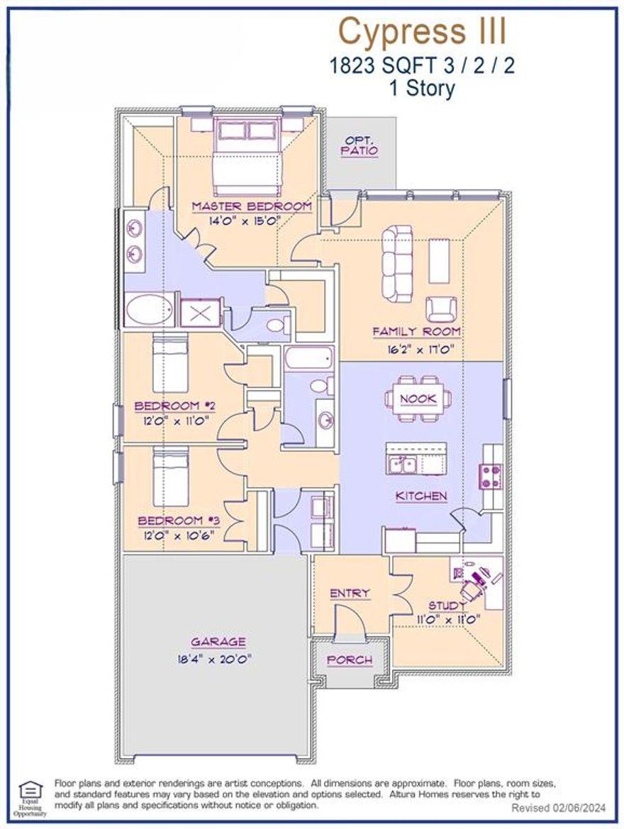 MLS# 20997856 - Built by Altura Homes - Dec 2025 completion! ~ The Cypress is a thoughtfully designed single story 3 bedroom, 2  bath home with a 2-car garage offering 1823 SQFT of living space. A  Charming and yet modern open floor plan where families can comfortably entertain a crowd or spend cozy evenings alone at home. Owners will enjoy the private oversized master bedroom with spa-like master bath features which includes his and her sinks, a walk-in shower and a luxurious soaking tub. A study  and includes a separate utility room. This energy efficient, single-story home is set on a half-acre home site.  Don't miss the opportunity to make this your dream home.