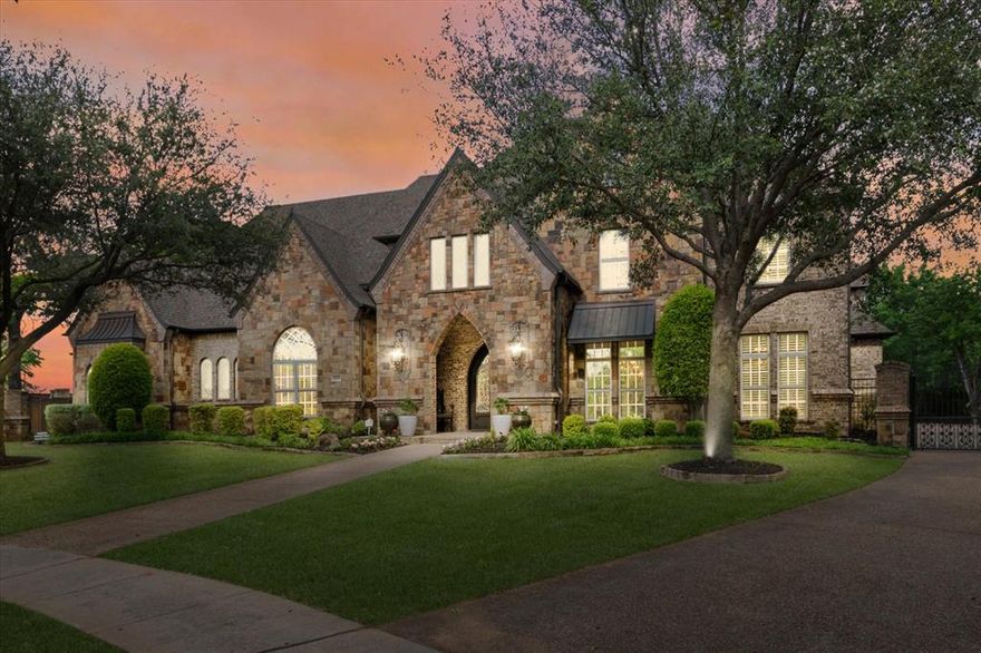 Nestled in a cul-de-sac and oversized corner lot of coveted Estes Park in Southlake, this elegant custom residence is constructed with the highest standards of craftsmanship and stands as a testament to timeless elegance and efficient design. Gated driveway leads to an oversized 6-car garage and courtyard space that allows for add parking. Bring your boat, trailer, RV, and more! Private water well! 
Grand foyer with sweeping circular staircase, and 2-story view of the Resort Style Backyard! The layout of the kitchen, living, and dining creates an invitation for both intimate gatherings and grand entertaining. Owner suite with His and Hers Closet. Additional first floor bedroom. Ensuite for All Beds. Theatre, game room with kitchenette and balcony. Step outside & discover Resort amenities such as an oversized beach-entry pool with spa, grotto, waterfalls and several water and fire features. Custom outdoor patio provides another great setting for entertainment.