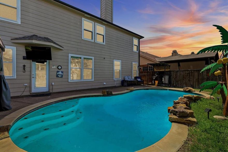 HEB School District!
Welcome to your backyard oasis complete with crystal clear pool, decorative palm trees and a cabana! When was the last time you found a backyard oasis below $475,000?  This is a must see!
This beautifully maintained home offers the perfect blend of functionality and style, featuring an inviting open-concept layout ideal for both everyday living and entertaining. Natural light fills the living spaces, creating a warm and welcoming atmosphere from the moment you walk in.
The kitchen is a true centerpiece, complete with ample counter space, modern appliances and a seamless flow into the dining and living areas-perfect for hosting gatherings or enjoying quiet nights at home. The spacious primary suite provides a relaxing retreat, while additional bedrooms offer flexibility for family, guests or home office.
Step outside and fall in love with your own resort-style backyard featuring a sparkling pool with a stunning waterfall feature-the perfect setting for relaxing evenings, weekend gatherings or cooling off during those Texas summers. This outdoor space truly sets the home apart!
Ideally located with easy access to major highways, commuting to Dallas or Fort Worth is quick and convenient. You'll also enjoy being close to shopping, dining, parks and entertainment.
 Key features include: triple pane windows, French drains, updated light fixtures and energy efficient fans!
If you've been searching for a home that combines comfort, style and an incredible outdoor lifestyle-this is the one. Don't miss your chance to make it yours!
 Ask about concession $ for carpet replacement!