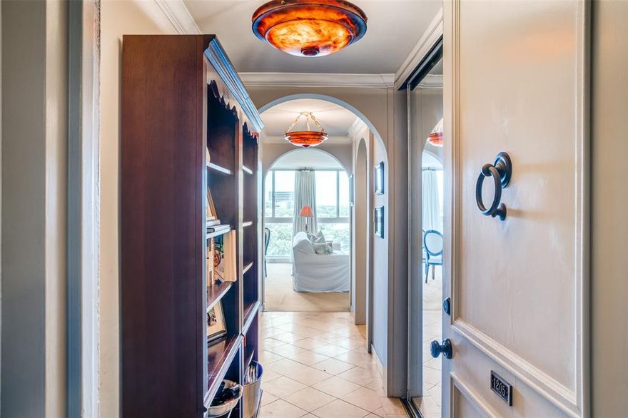 VERY Popular and RARELY available -05 unit! ***Full YouTube Video Tour can be texted to you*** Million dollar Turtle Creek address! This gem of a unit has striking views overlooking Turtle Creek and a glimpse of downtown's iconic skyline. Abundant storage with huge closets in the entryway and the dressing area! Be sure to check out the floorplan... this home's entryway begins with an 8' tall solid door with beautiful bronze hardware and unit number plaque, followed by an extended Foyer - Gallery effect with abundant wall space, two designer light fixtures, diagonally laid travertine flooring, & handsome archways. The Kitchen has a JennAir commercial style gas range & hood, KitchenAid Refrigerator, KitchenAid Dishwasher, abundant cabinetry & counter space. The beautiful & light bath is separated nicely from the Living space and has marble floors, wainscoting, & shower walls nicely offset with mirrors. Custom window drapes with blackout shades and designer drapery hardware. The separate dressing area has two closets, one with a built-in closet system.  The HOA is transforming the garage, repaving the upper & lower garage decks, replacing curbs & sidewalks, landscaping enhancements, new exterior lighting, rebuilding the porte-cochere, doing structural improvements at the garage among other details. HOA dues include: electric, water, sewer, trash, blanket insurance, basic cable, all building maintenance & staffing. ***SPECIAL assessment for this unit is already paid in full*** A great lifestyle in a wonderful community, and pet friendly, too!  Wonderful highrise condo at a great value, won't you be our neighbor?