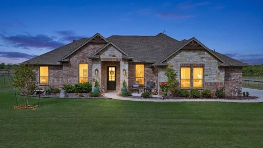 Beautiful 3-bedroom, 2-bath home with a versatile flex room, perfectly situated on 2 acres with breathtaking backyard views. Fully fenced and designed for privacy, this property offers a serene country setting where you can truly live your best country life—no HOA and no water bill thanks to your private well.
Step inside to a welcoming semi-open concept layout featuring a spacious living room ideal for entertaining or relaxing. Large windows fill the home with natural light, highlighting the cozy brick fireplace—perfect for those cooler evenings.

The thoughtfully designed split-bedroom floor plan provides a private retreat for the primary suite, while the expansive kitchen and dining areas are perfect for hosting. The kitchen boasts granite countertops, stainless steel appliances, an island, ample cabinetry, and a pantry for added storage.

The primary suite offers comfort and convenience with a dual vanity, separate soaking tub and shower, and a generous walk-in closet. 

Outside, you’ll find an extended driveway with plenty of parking, pipe fencing, and two pull-through gates for accessibility. The beautifully landscaped property features a variety of recently planted mature trees, including magnolia, peach, redbud, crepe myrtles, and Japanese maples—creating a tranquil, park-like setting.
The flex room provides endless possibilities—perfect for a home office, gym, playroom, or homeschool space.
Enjoy peaceful sunrises and stunning sunsets right from your back patio—this is country living at its finest. Don’t miss your chance to own this exceptional property.