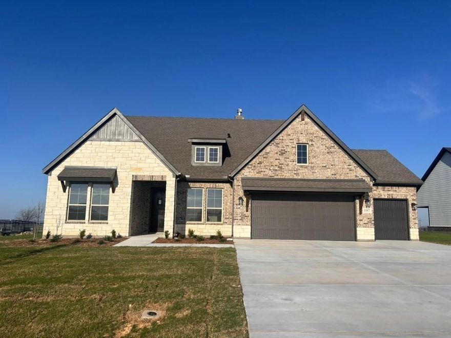 Estimated March 2026 completion! Ask about our Trade In Trade Up program, we can buy your home! Stunning lot located minutes away from play park, amenity center and pickleball court. Close to mailbox, full sod and irrigation included. FIREPLACE, COVERED PATIO, FULL FOAM INSULATION, ENERGY STAR CERTIFIED BUILDER. Owner financing available. Upon entering the home off the front porch, you’re welcomed by an inviting foyer. Immediately to the left is a hallway with a bedroom, walk-in closet and full bathroom, as well as a linen closet. Across the foyer is a flex room, perfect for a home office, formal dining room or whatever need your family has for the space. Past the foyer is the family entry, with storage space and mud bench, which leads to the laundry room and two or three car attached garage. Through the entrance, the home opens up to a large family room with a stately fireplace. Adjacent to the family room is a gourmet kitchen, equipped with a walk-in pantry, ample counter space and an oversized island. Finishing off this open-concept living area is a dining space which overlooks the covered back patio. The remainder of this one-story floor plan is just off the living space. A hall leads to two bedrooms with walk-in closets, another linen closet and a shared full bathroom. The back corner of the home offers privacy for the owner’s suite, featuring a massive walk-in closet and bathroom with a dual-sink vanity, standalone soaking tub and glass-enclosed shower.