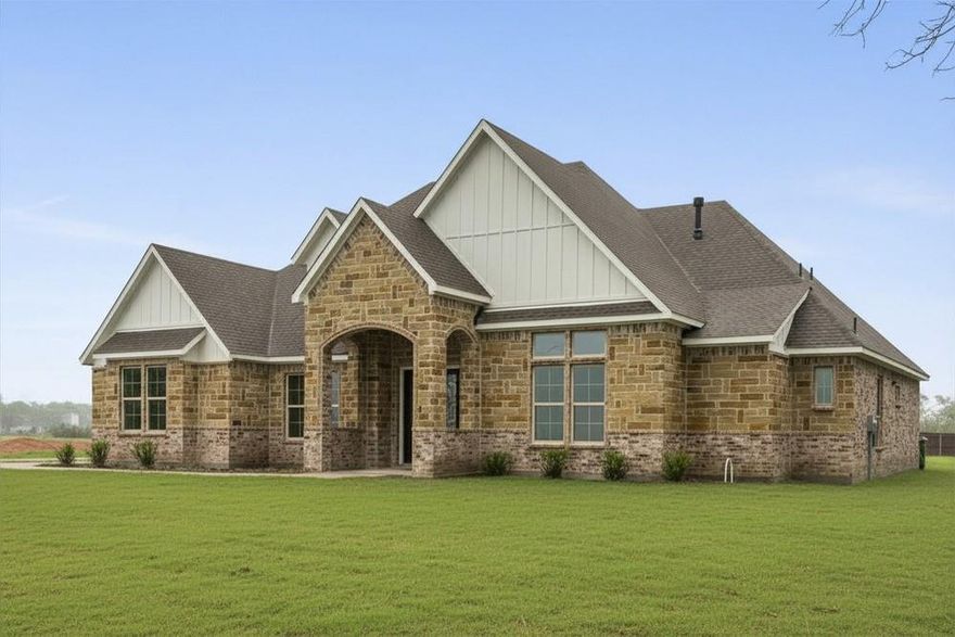GORGEOUS CUSTOM-BUILT BRAND NEW 2026 HOME ON 1 ACRE! This stunning 5-bedroom, 4-bathroom property offers a spacious open-layout with SPLIT BEDROOMS UPSTAIRS AND DOWN. You'll love the VAULTED CEILINGS and Rich HAND-SCRAPED HARDWOOD floors that welcome you at entry and continue through the main living area and into the private primary suite. The chef’s kitchen is truly the heart of the home, featuring an oversized island, quartz countertops, custom cabinetry, stainless steel appliances, a pot filler, and a large walk-in pantry, perfect for both everyday living and entertaining. The main floor includes a dedicated study and three secondary bedrooms, including one with its own en-suite bath and two connected by a Jack-and-Jill layout with separate vanities. The expansive primary suite offers a relaxing retreat with a beautifully appointed bathroom. Upstairs, you’ll find a generous game room, an additional bedroom, and a full bath, ideal for guests or flexible living space. Enjoy peaceful country living on 1.07 acres while still being just minutes from US-75 for an easy commute, with convenient access to shopping including HEB and Walmart nearby.
