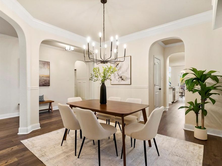 Welcome to 5025 Stockwhip! Located in beautiful Chisolm Trails Ranch, this 4300 square foot home boasts an open floorplan, neutral colors, multiple entertaining areas, tons of storage, and so much more! Step inside to a gorgeous entry with a soaring ceiling and beautiful wood floors. This home features a designated office trimmed out with modern wainscoting for an elegant vibe. The formal dining is large enough for hosting dinner parties or holidays! The butler's pantry conveniently leads straight into the kitchen where you'll find a clean look with white cabinets, a glass tile backsplash, gas stovetop and a beautiful island that also serves as a breakfast bar. An additional casual dining area is right off the kitchen for even more entertaining and dining space. The living room features lots of natural light with tall windows, high ceilings and a gas fireplace. The primary bedroom features a grand multi-tiered tray ceiling, bay windows, and of course an ensuite bath with double vanities, a large soaking tub and separate shower. Upstairs you'll find 3 additional bedrooms, 2 additional bathrooms, and an impressive game room and media room! The entertaining space continues out back where the extended patio meets the landscaped yard. Just large enough for backyard living without the hassle of a ton of lawncare! Additional features and upgrades that make this home stand out are the 2.5 car tandem garage that's great for additional parking or storage, the rounded doorways and crown molding that lend an elevated vibe, plus the radiant barrier and the low-e windows keep the home energy efficient! This home is conveniently located near Chisolm Trail Parkway for quick convenience to dining, shopping and highway access!