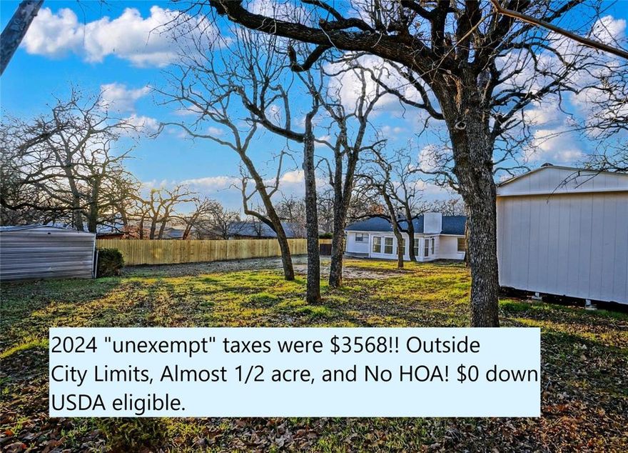 $0 DOWN USDA LOAN eligible location! Amazing makeover in Burleson. NO CITY TAX, NO HOA AND ALMOST ONE HALF ACRE. This 4 bedroom 2 bath home has been extensively renovated and is ready for you! The kitchen features all new custom cabinets, quartz countertops, and stainless appliances.  The living area has a wood burning fireplace, ceiling fan, and doors opening to an enclosed sunroom with AC. The fourth bedroom makes a great home office or 2nd living area. The primary bedroom has a private bath with custom cabinets, quartz counter tops, and new shower! The secondary bathroom is huge with custom cabinets, quartz countertops and newly tiled tub surround. Backyard you will find some new fencing, lots of trees, and an exterior building with electric.  Makes a great home office, game room, or climate controlled storage.  So many possibilities.  Electrical was updated with a new panel, some new plumbing, and french drain was added. Sq. footage includes the sunroom.