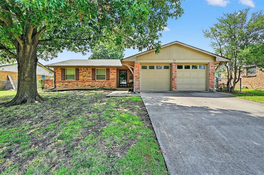 Welcome to this inviting single-story brick home, perfectly situated beneath a large, mature tree that provides shade and curb appeal to the front yard. This residence features a two-car garage with a double door, offering both convenience and functionality. Step inside to discover an open-concept layout that seamlessly connects the main living areas, creating an ideal space for entertaining and everyday living. The eat-in kitchen offers plenty of room for casual dining, while the spacious laundry room adds extra utility and storage options. Out back, you'll find a large backyard perfect for outdoor activities, gardening, or future enhancements. Enjoy year-round gatherings on the expansive covered back patio, and take advantage of the additional storage shed for tools and equipment.