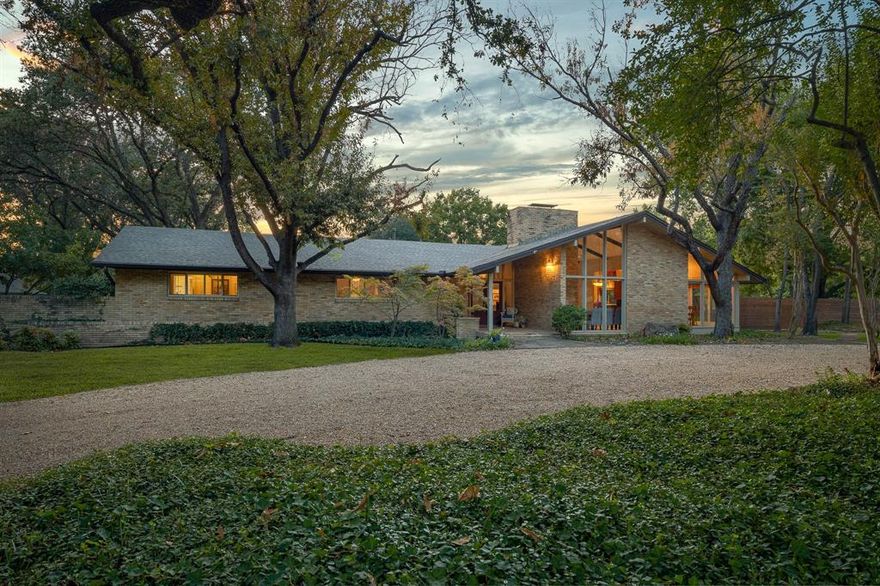 Beautiful single story mid-century A-frame contemporary on a cul de sac street in desirable Russwood Acres, with soaring ceilings, original terrazzo flooring, an open floor plan, and lots of windows to the expansive 1 acre lot with pool, sport court and tons of grass! 4 beds, 3.5 baths, with the primary suite enjoying French doors outside and spacious bath and walk in closet. Secondary living space overlooks the pool. Additional parking is currently used as air conditioned cabana for the back yard spaces. Located in Withers Elem with close proximity to private schools, Preston Royal shops, restaurants and Central Market. The voluntary HOA provides opportunities to meet your neighbors and private security.